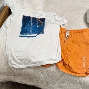 Nautica Men's Bright Orange Athletic Swim Shorts and tee shirt
